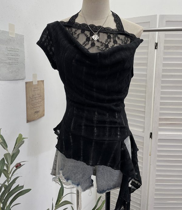 Lace Splicing Swing Collar Halter Off-Shoulder T-Shirt Women