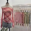 Plaid one shoulder slim embroidered top