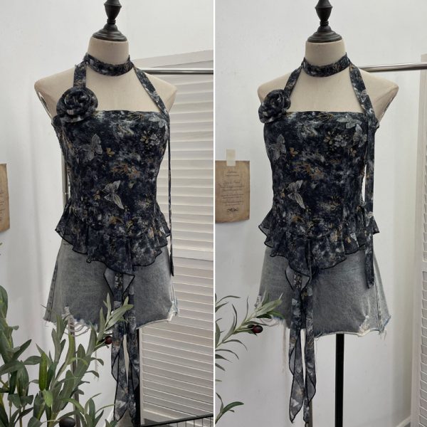 Printed neck hanging flower strapless sleeveless top