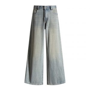 Women's Wide-Leg Pants Loose Fit High-Waist Trousers Slimming Multi-Purpose Denim Pants with Vintage Color Washed Effect