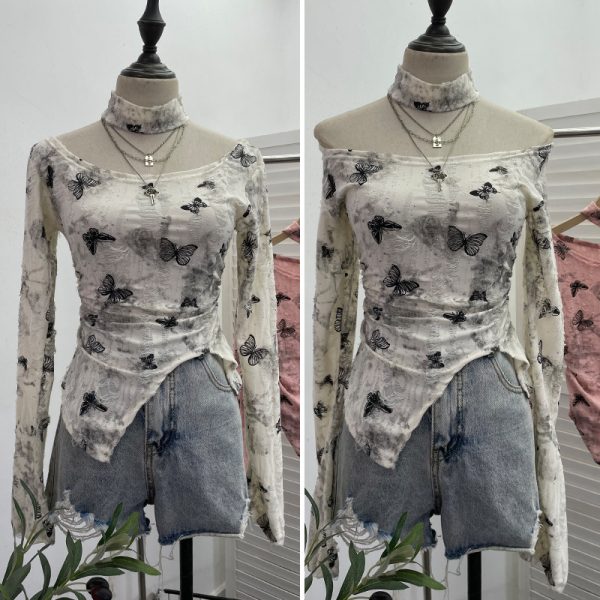 Butterfly neck hanging long sleeved T-shirt top