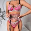 Sexy Mesh Perspective Embroidery Flower Gathering Fun Underwear Underwear 3-Piece Set