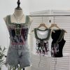 Edge denim patchwork printed vest with tie bow short sleeveless top