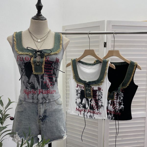 Edge denim patchwork printed vest with tie bow short sleeveless top