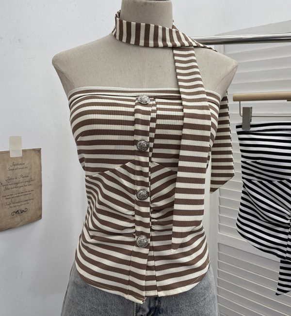 One shoulder strapless striped contrasting ribbon buckle pullover short vest
