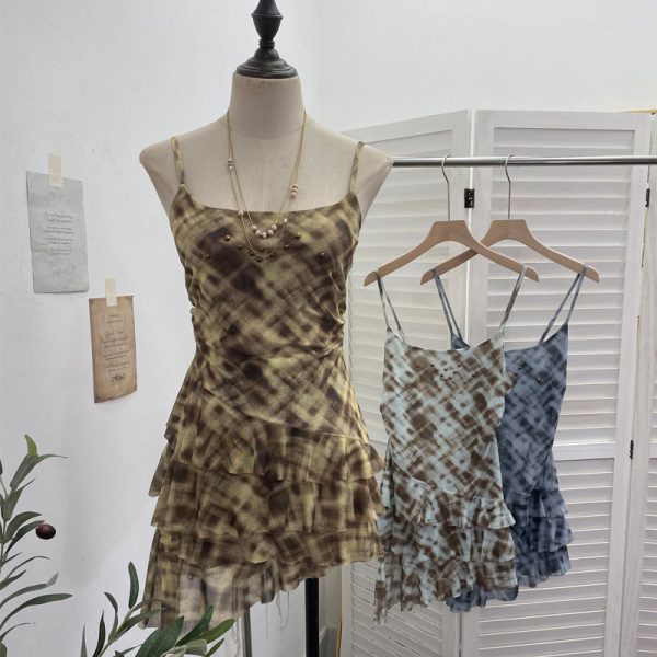Irregular Rivet Mesh Camisole Dress with Ruffle Strap Sleeveless Top