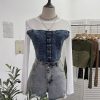 Denim Splicing Mesh Design Long Sleeve T-Shirt with Drawstring Tie Short Fitted Top
