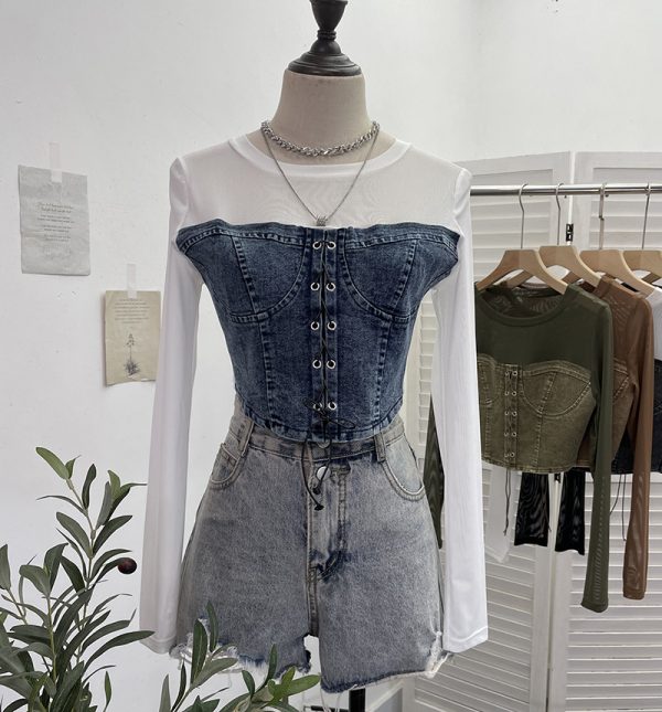 Denim Splicing Mesh Design Long Sleeve T-Shirt with Drawstring Tie Short Fitted Top