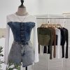 Denim Splicing Mesh Design Long Sleeve T-Shirt with Drawstring Tie Short Fitted Top