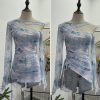 Dyed Mesh Printed Long Sleeve T-Shirt with Spicy Design, Drawstring, Hollow-out Shoulder and Flare Long Sleeve Top