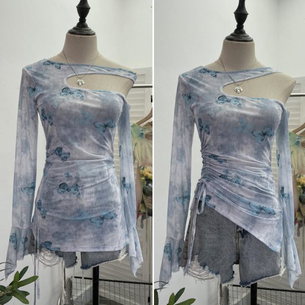 Dyed Mesh Printed Long Sleeve T-Shirt with Spicy Design, Drawstring, Hollow-out Shoulder and Flare Long Sleeve Top