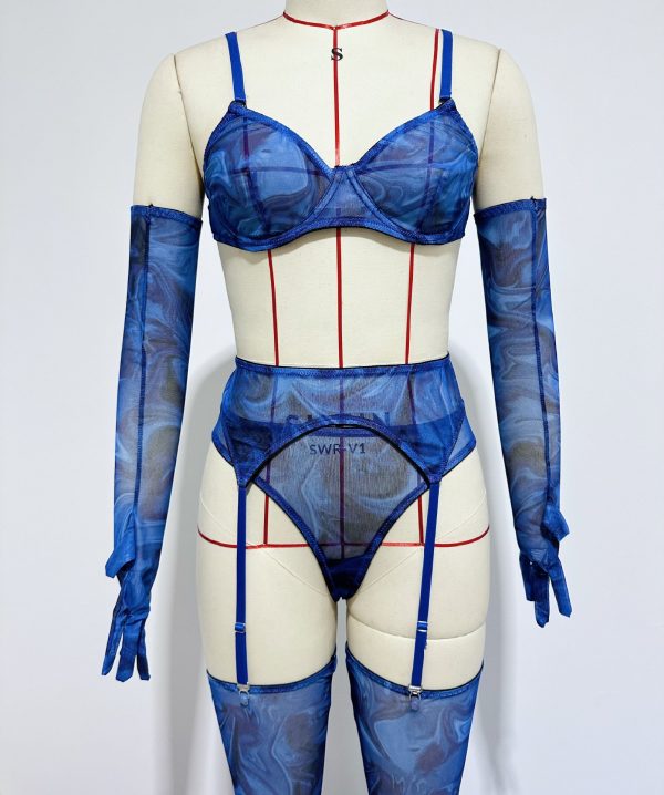 Cross-border  Sexy Underwear Five-piece Set with Gloves, Stockings, Tie-dye Design, Colorful Design, Erotic Underwear Set