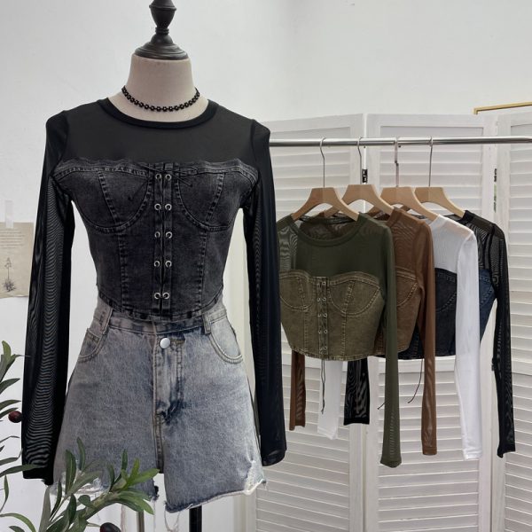 Denim Splicing Mesh Design Long Sleeve T-Shirt with Drawstring Tie Short Fitted Top