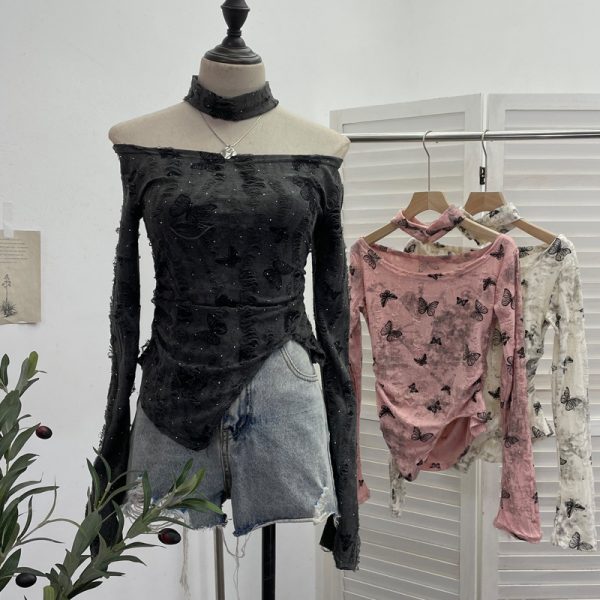 Butterfly neck hanging long sleeved T-shirt top