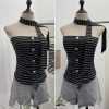 One shoulder strapless striped contrasting ribbon buckle pullover short vest