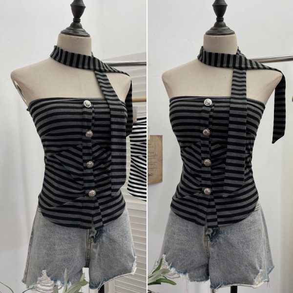 One shoulder strapless striped contrasting ribbon buckle pullover short vest