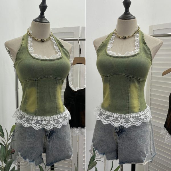 Lace patchwork neck hanging sleeveless top