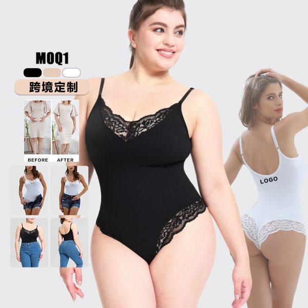 Plus Size Lace Thong Open Crotch Abdominal Support Bodysuit Strap Shapewear Underwear