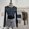 Denim Patchwork Frayed Binding Slim Long Sleeve Short Mesh Top T-Shirt