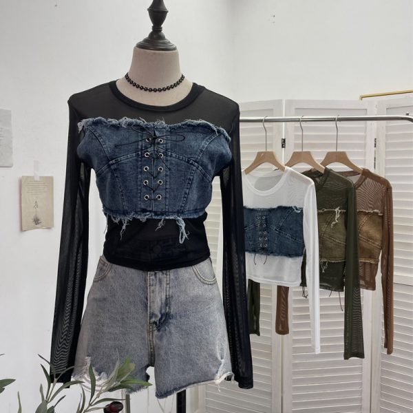 Denim Patchwork Frayed Binding Slim Long Sleeve Short Mesh Top T-Shirt
