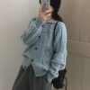 Retro Cable Knit Collar Cardigan Women's Loose Fit Versatile Lazy Style Sweater Jacket