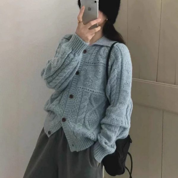 Retro Cable Knit Collar Cardigan Women's Loose Fit Versatile Lazy Style Sweater Jacket