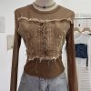 Denim Patchwork Frayed Binding Slim Long Sleeve Short Mesh Top T-Shirt