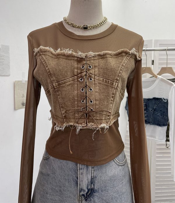 Denim Patchwork Frayed Binding Slim Long Sleeve Short Mesh Top T-Shirt