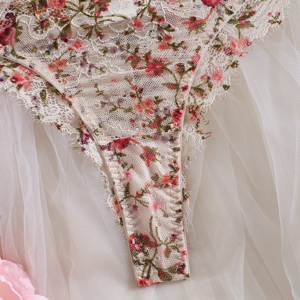 Monet Garden Oil Painting Floral Lace Eyelash Hem Underwear Sexy Hollow Comfortable Gathered Bra Set