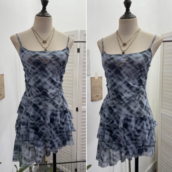 Irregular Rivet Mesh Camisole Dress with Ruffle Strap Sleeveless Top