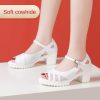 One-Strap High Heel Genuine Leather Sandals for Women White Chunky Heel Thick Sole Waterproof Platform Versatile Wide Size Mother Shoes