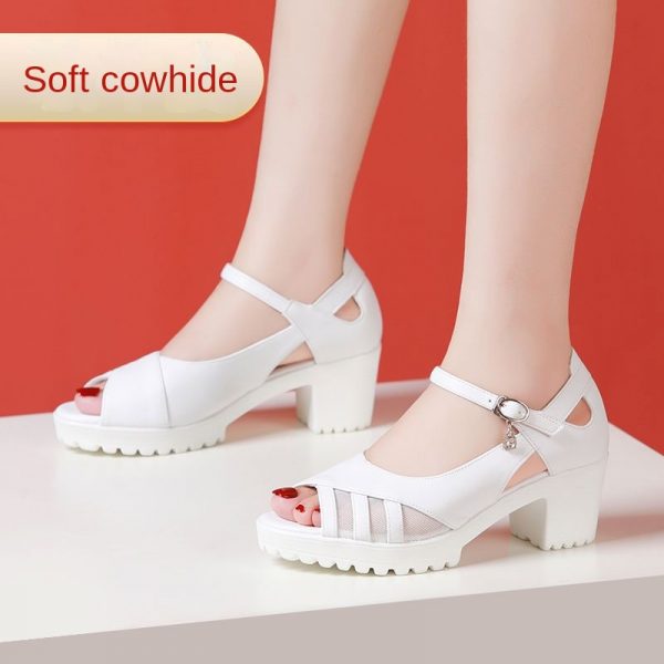 One-Strap High Heel Genuine Leather Sandals for Women White Chunky Heel Thick Sole Waterproof Platform Versatile Wide Size Mother Shoes