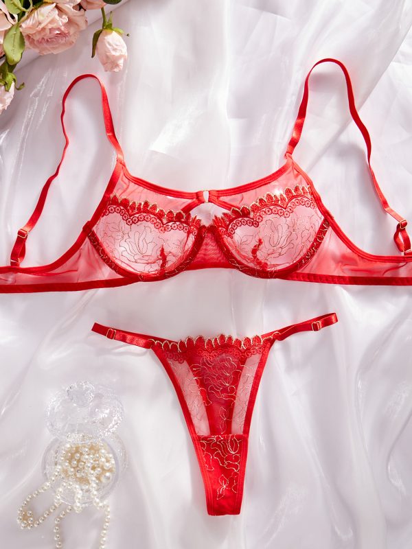 Sexy Embroidered Splicing Hollow Design Sexy Underwear Two Piece Set