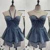 Tie up bow hanging neck short strapless top for women
