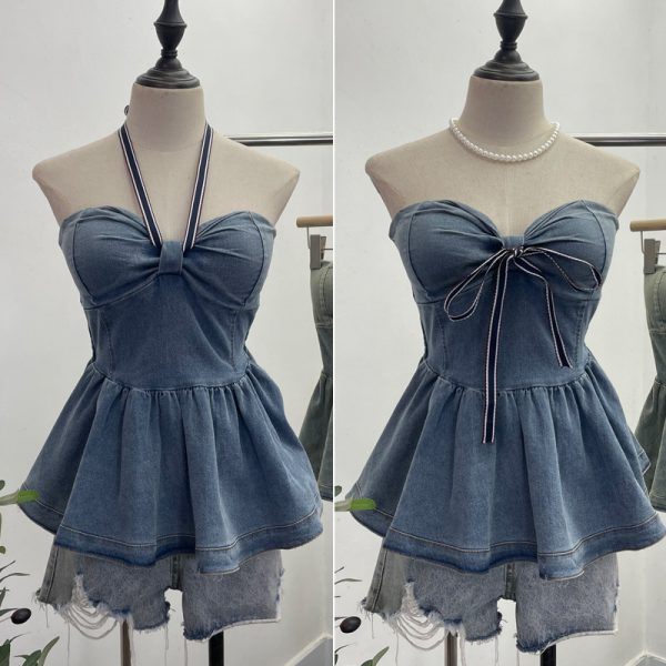 Tie up bow hanging neck short strapless top for women
