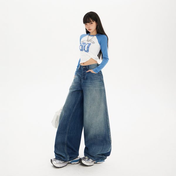 Women's Blue Knife-Leg Jeans  Gradient High-Waist Loose Wide-Leg Pants