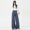 Women's Dark Blue Striped Wide-Leg Jeans Loose Casual Straight Floor-Length Pants