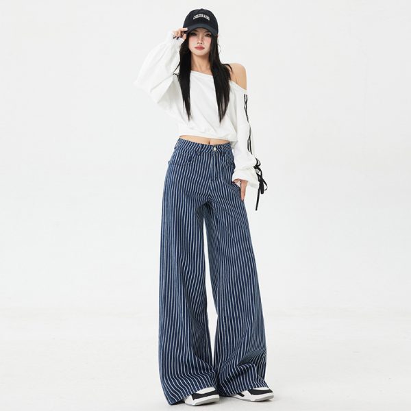 Women's Dark Blue Striped Wide-Leg Jeans Loose Casual Straight Floor-Length Pants