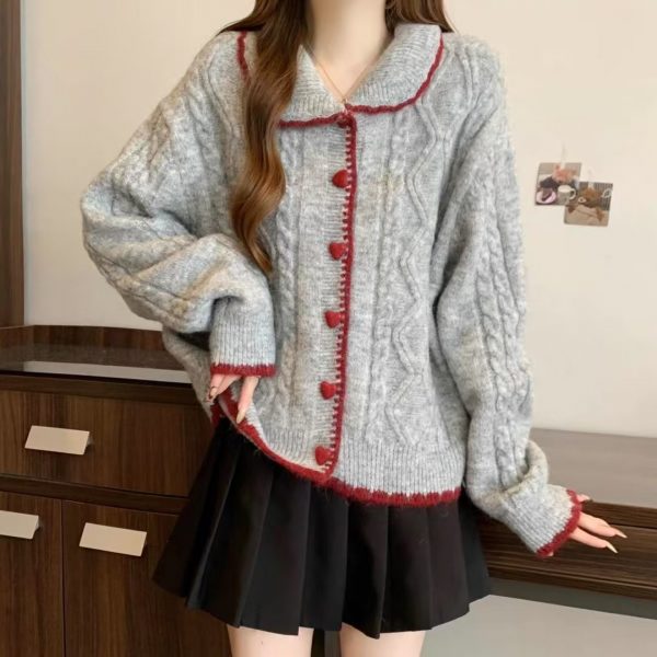 Style Temperament Heart Buckle Peter Pan Collar Knitted Cardigan Women Loose Cute Wind Sweater Jacket