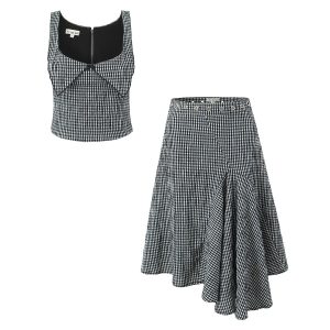 Bubble grid V-neck bow vest+high waisted irregular skirt two-piece set for women