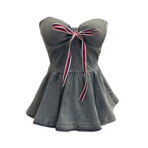 Tie up bow hanging neck short strapless top for women