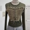 Denim Patchwork Frayed Binding Slim Long Sleeve Short Mesh Top T-Shirt