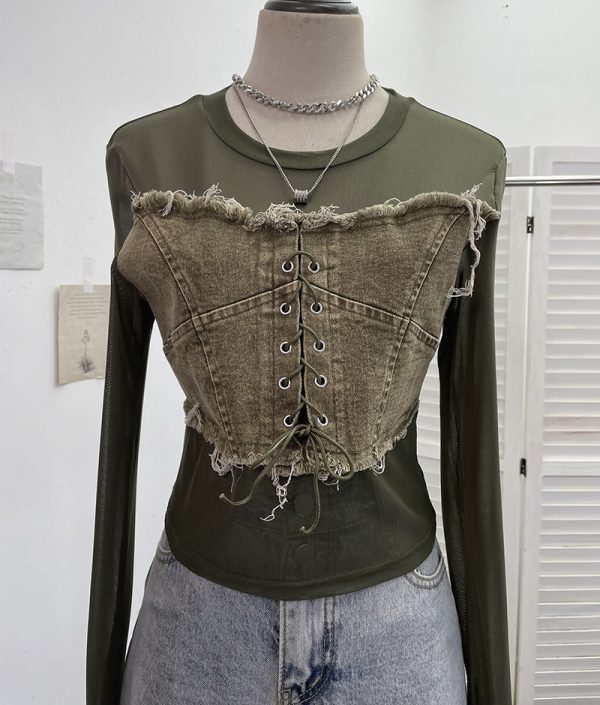 Denim Patchwork Frayed Binding Slim Long Sleeve Short Mesh Top T-Shirt