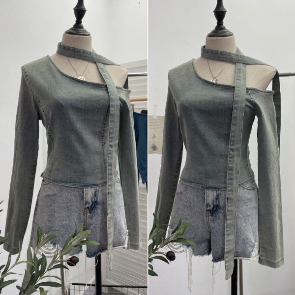Slanted shoulder ribbon long sleeved short slim fit top