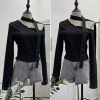 Slanted shoulder ribbon long sleeved short slim fit top