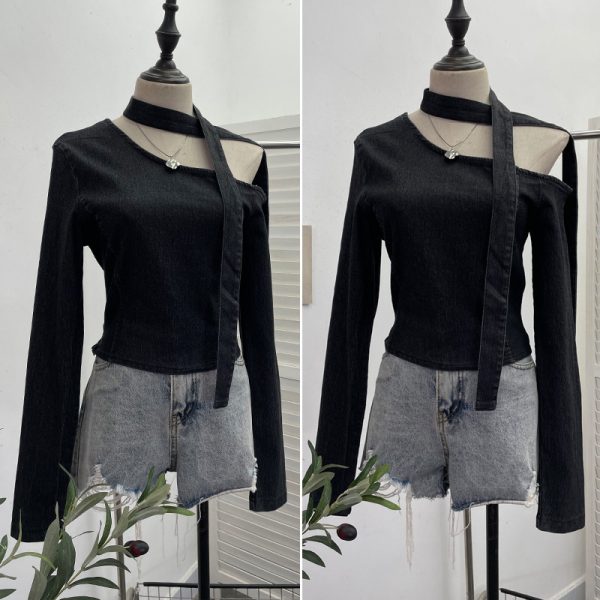 Slanted shoulder ribbon long sleeved short slim fit top