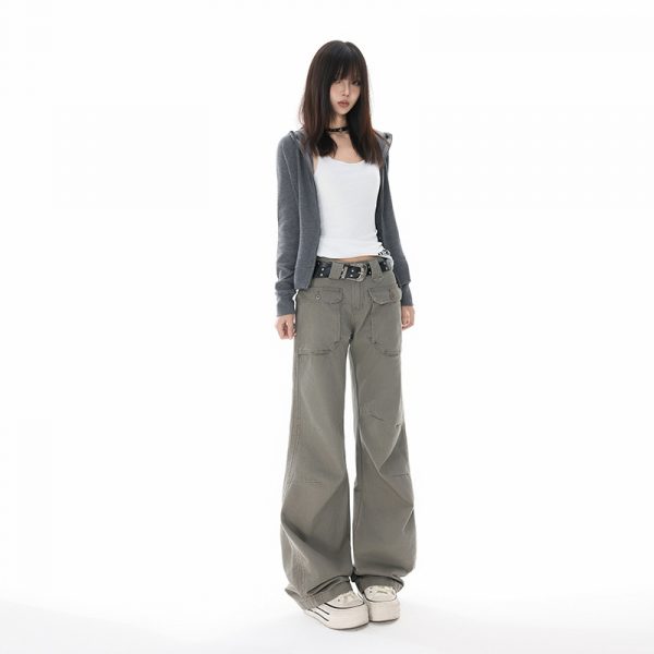 Women's Multi-Pocket Flared Work Jeans with Pleated Design and Low Waist Bootcut Style