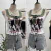 Edge denim patchwork printed vest with tie bow short sleeveless top