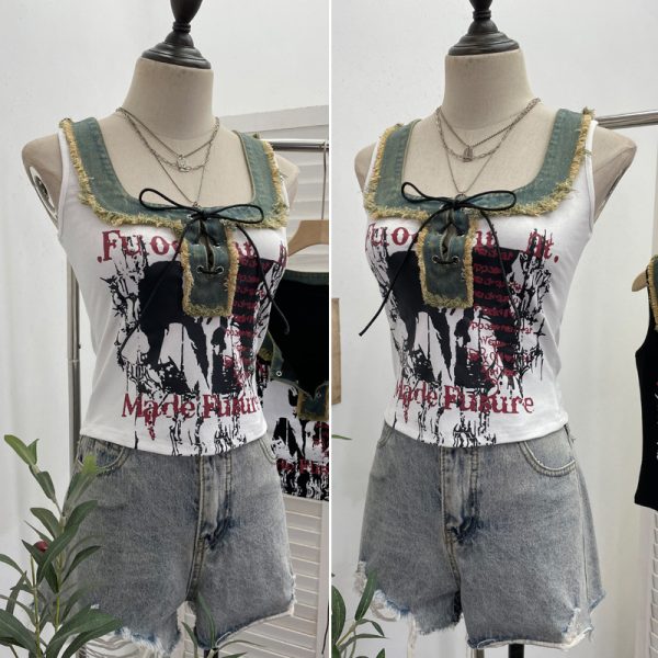 Edge denim patchwork printed vest with tie bow short sleeveless top