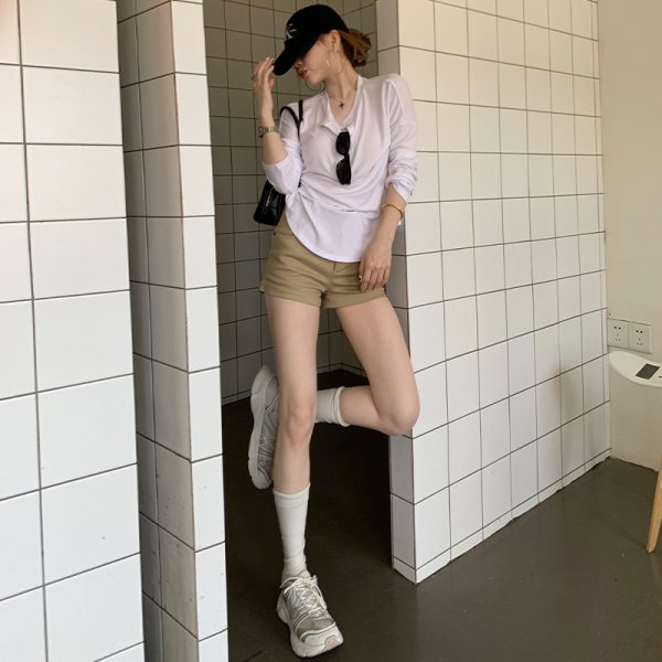 Women's Vintage Spicy Girl Khaki High-Waisted Shorts for Pear-Shaped